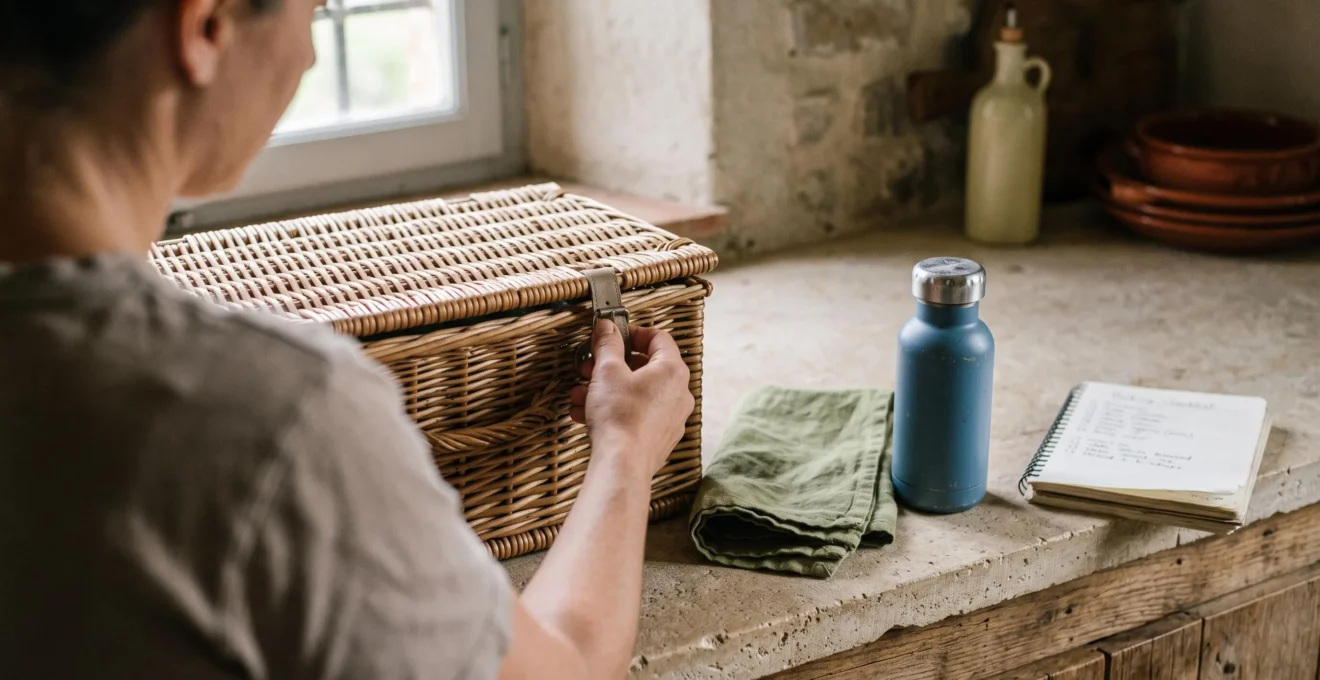 A parent packs a picnic basket on the wooden counter of a villa kitchen.