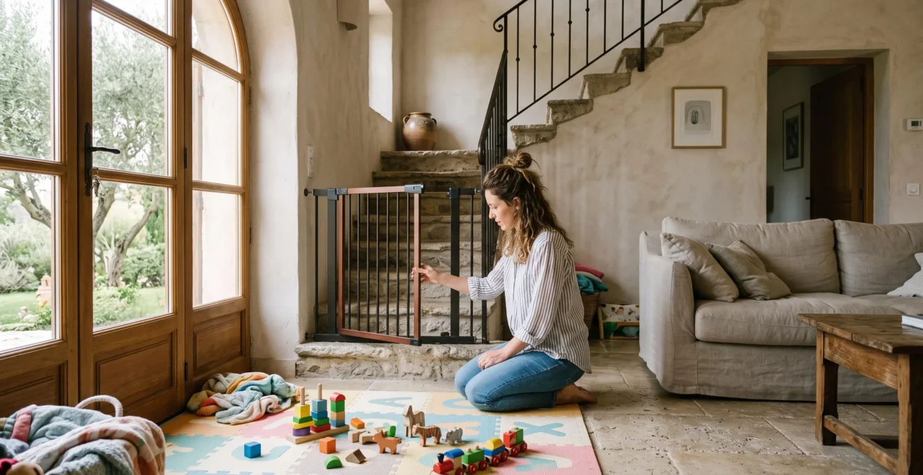A mother adjusts a child safety gate at the foot of a villa staircase.