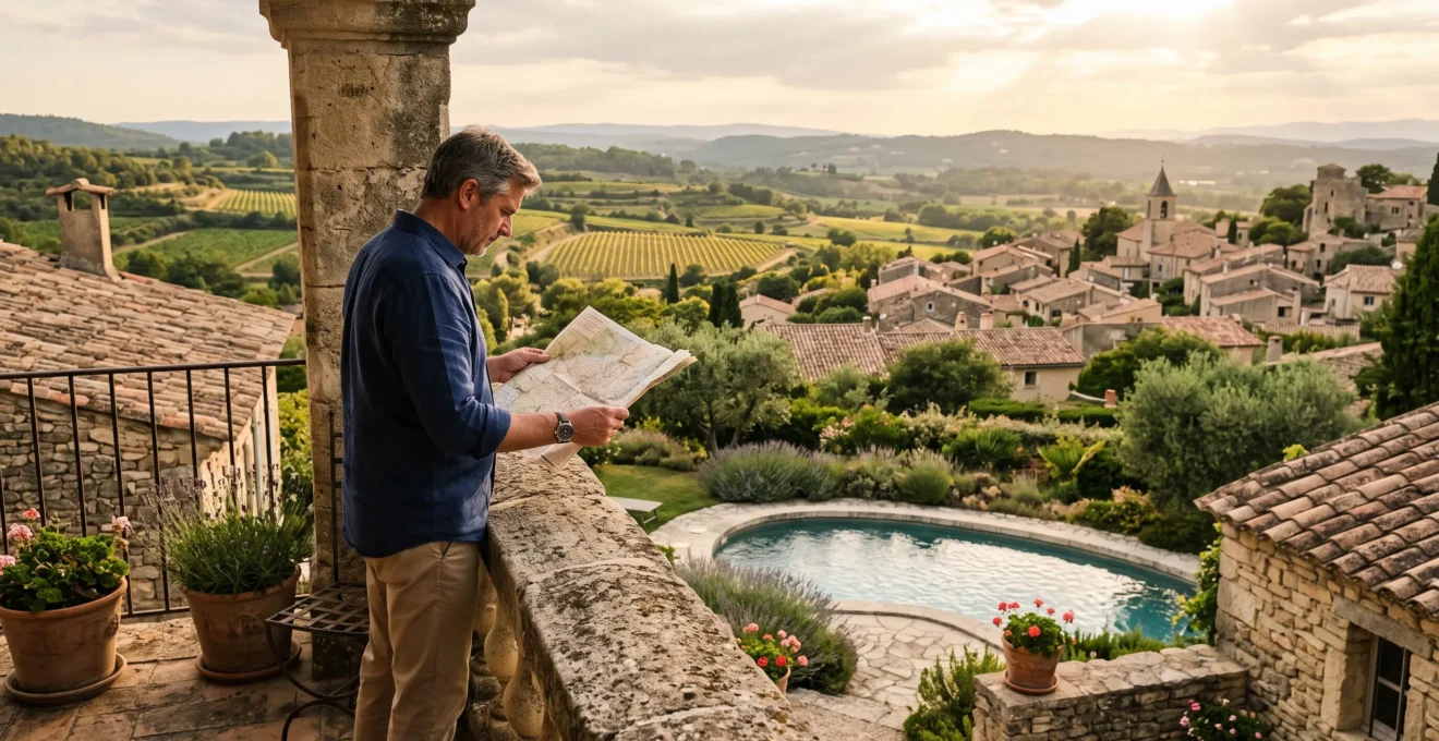 A father reads a map on a villa terrace overlooking a French village.